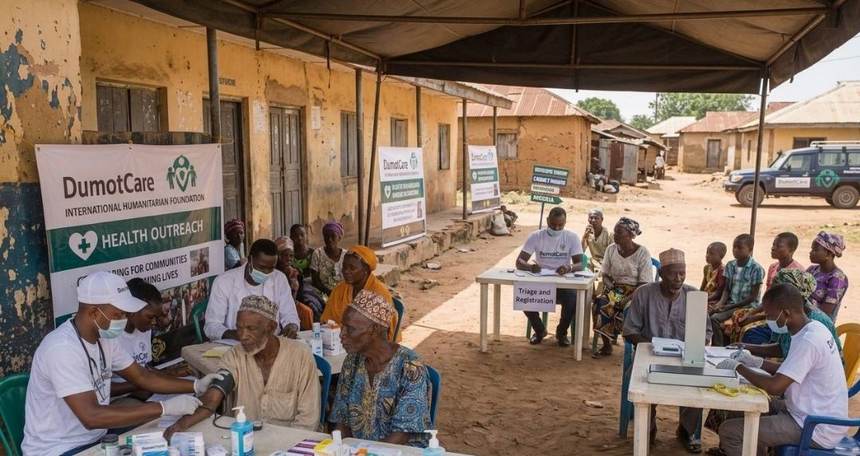 DumotCare health outreach camp volunteers attending to community members under a canopy
